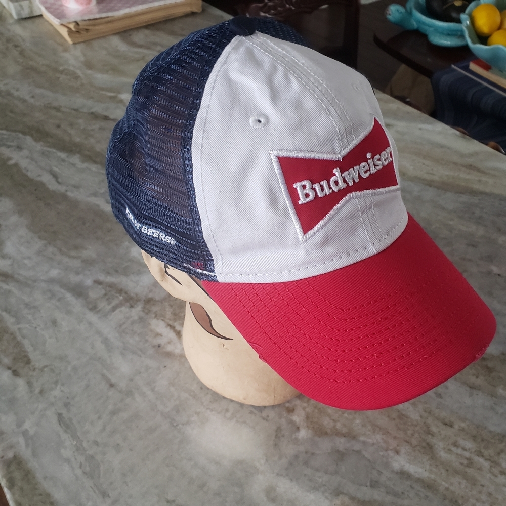 Custom Budweiser Beer Vintage Navy Blue Red Bill Zip Back Cap Hat